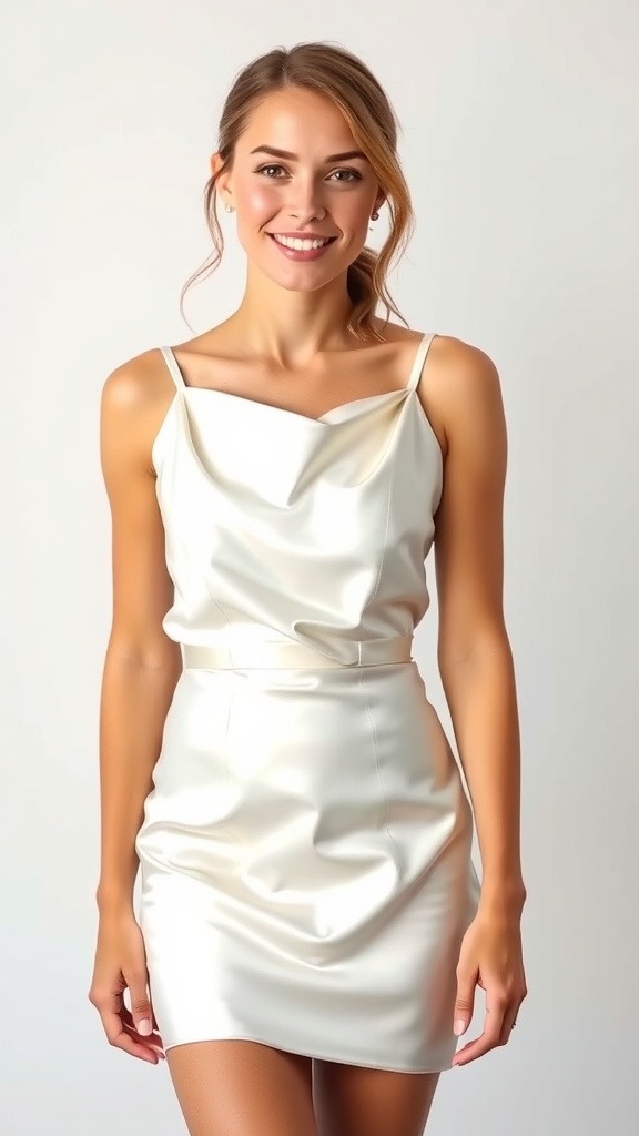 A woman wearing a white satin mini dress with a cowl neck, smiling and looking stylish.