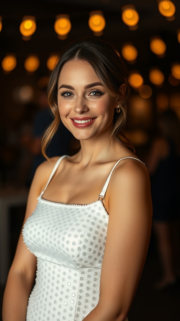 A woman wearing a white sequin mini dress with a square neckline, smiling in a festive setting.