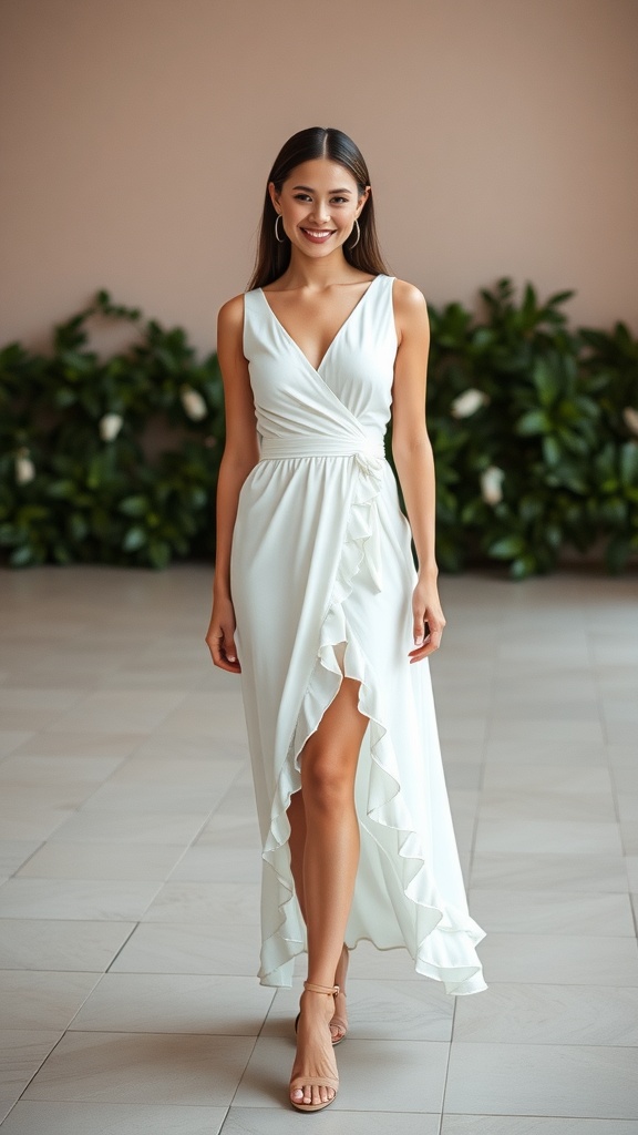 A woman wearing a white wrap dress with ruffle edges, smiling and walking confidently.