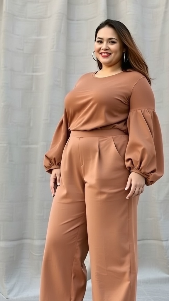 A woman wearing wide-leg cropped pants and a puff sleeve top, showcasing a stylish plus size look.