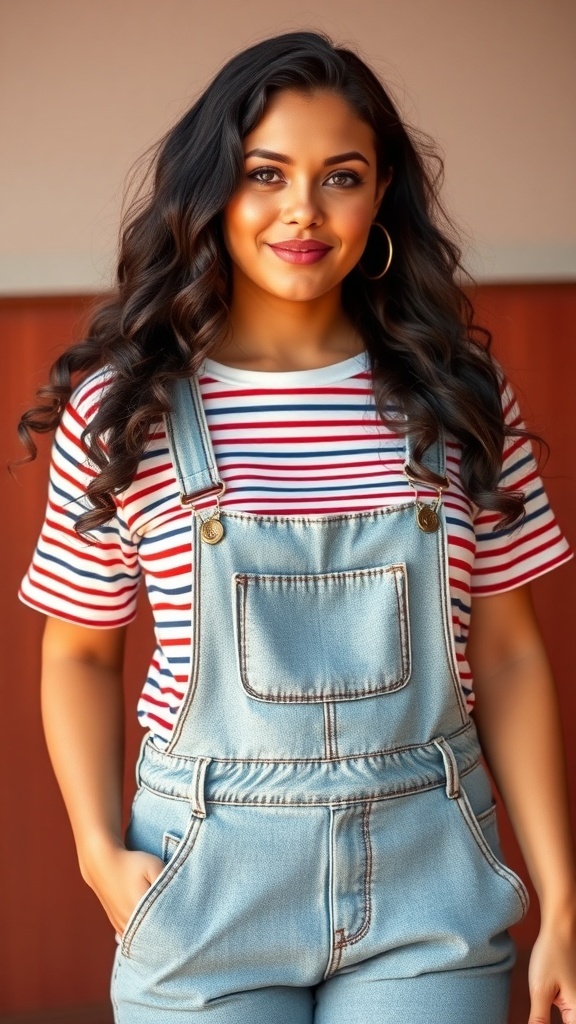 A woman wearing wide-leg overalls and a striped tee, smiling confidently.