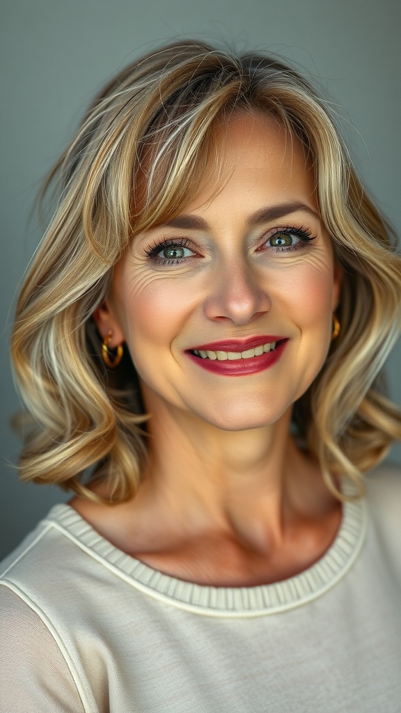 A woman with medium layered hair and wispy bangs, smiling confidently.