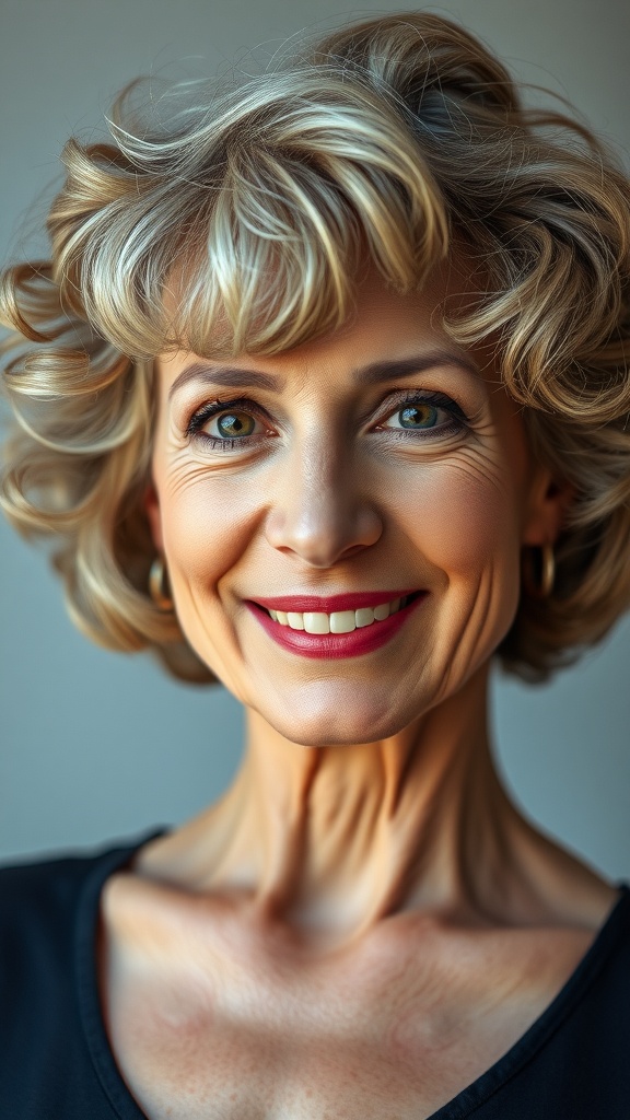 A smiling older woman with a curly bob hairstyle and wispy bangs.