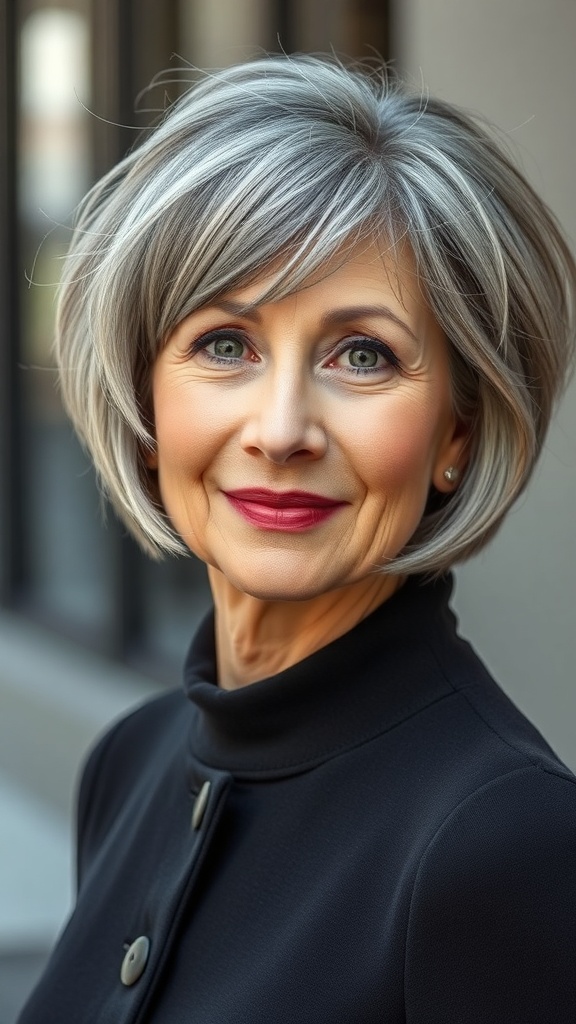 A woman with a tapered gray bob hairstyle featuring wispy bangs, showcasing a fresh and flattering look.