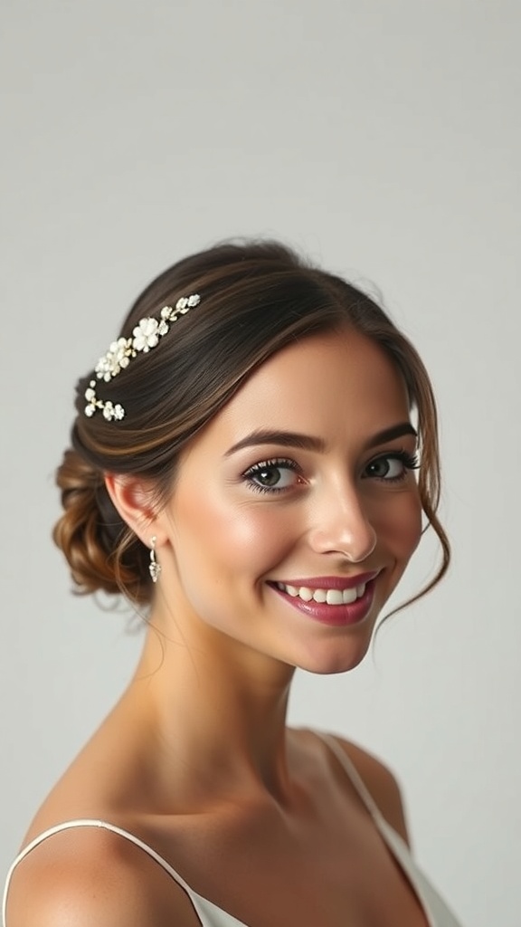 A bride with a wrapped low bun hairstyle adorned with beaded pins, smiling gracefully.