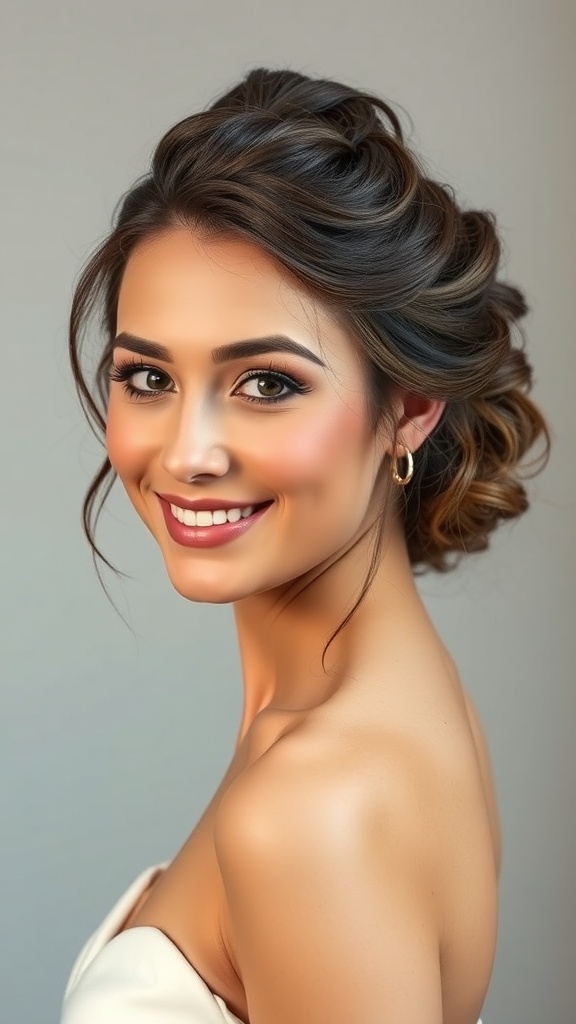 A woman with a wrapped textured low bun hairstyle, featuring soft baby hairs framing her face.