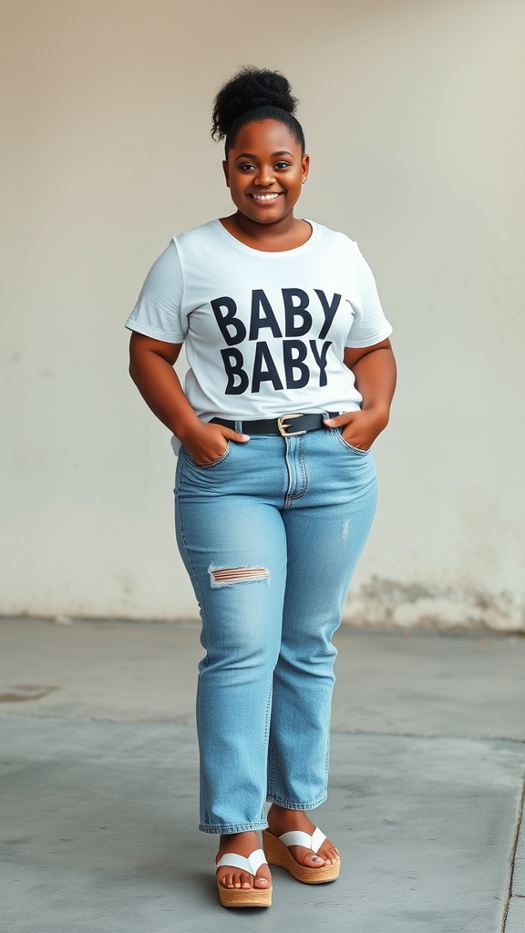 A short chubby girl wearing a white baby tee with 'BABY BABY' printed on it, paired with light blue flared jeans and white sandals, smiling confidently.