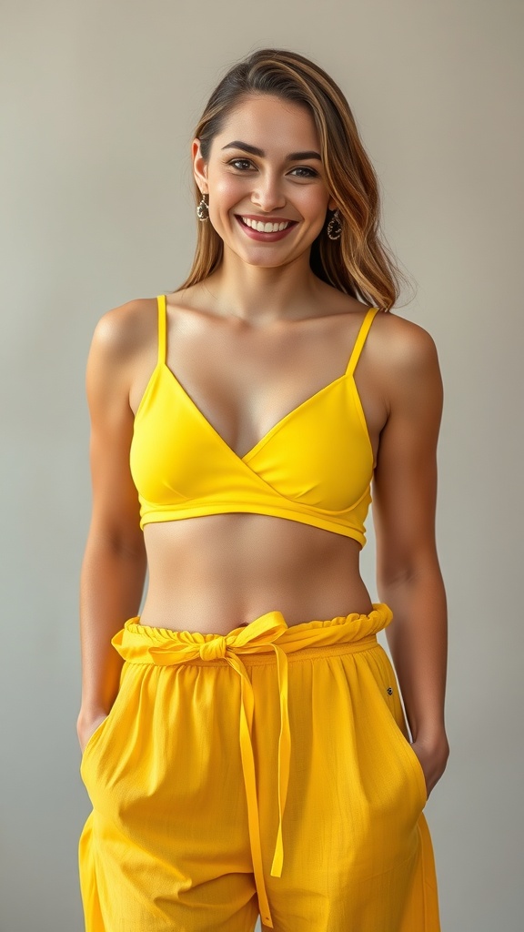 A woman wearing a bright yellow harem outfit with a cutout waistband, smiling confidently.