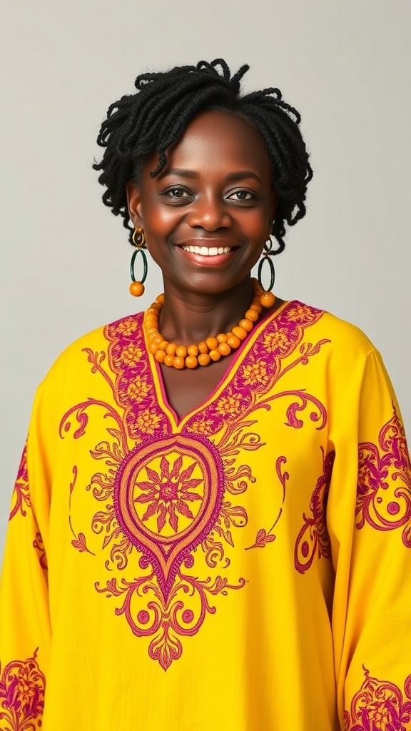 A woman wearing a yellow Kente caftan with embroidered details, smiling confidently.