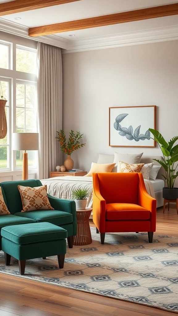 A colorful living room featuring a vibrant orange accent chair and a teal chair with decorative pillows.