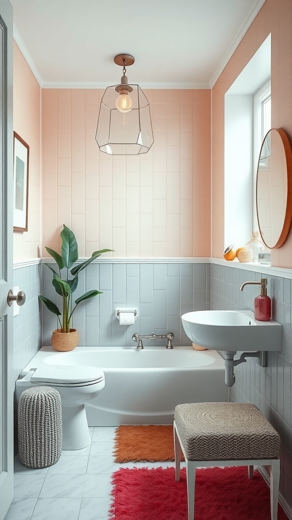 A stylish tiny powder room with peach and gray walls, featuring vibrant rugs and green plants.
