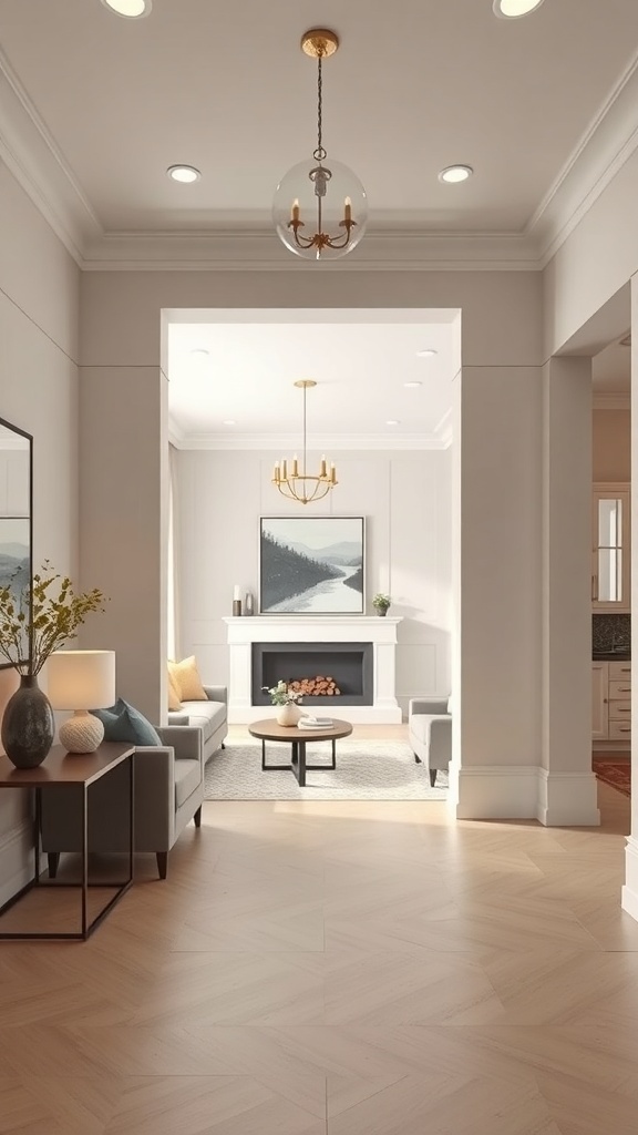 A foyer with an accent wall leading to a cozy living area, decorated with stylish furniture and light fixtures.