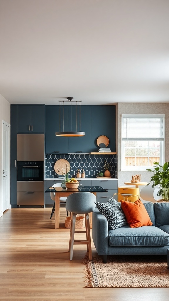 Open living and kitchen space with bold blue cabinetry and a hexagonal tile backsplash.