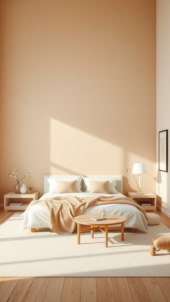 A cozy living room with a beige accent wall, wooden furniture, and soft textiles.