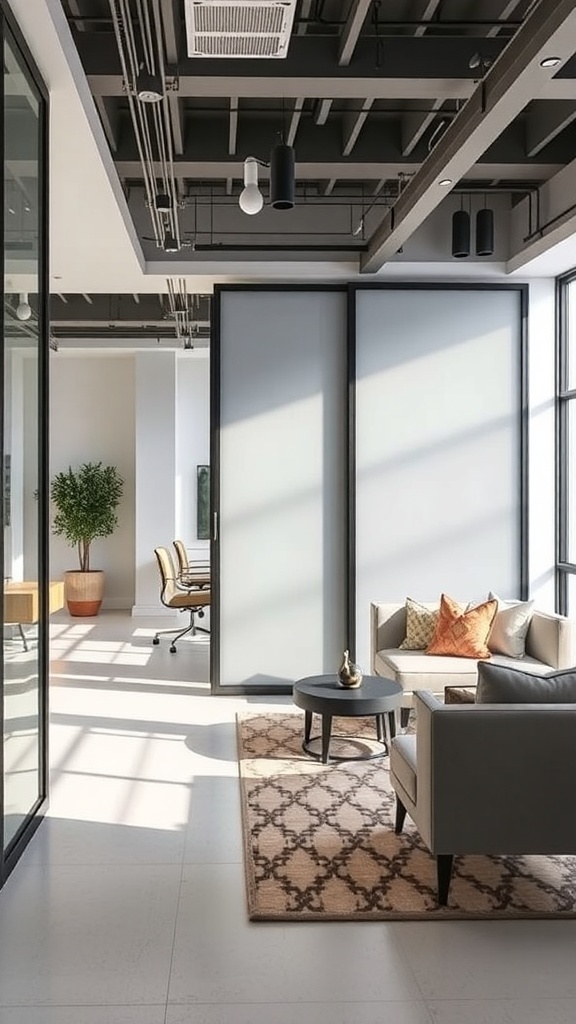 A modern office space with a sliding partition separating areas for work and relaxation.