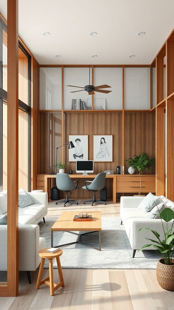 A modern office space featuring wood and glass partitions, with a cozy seating area and a desk setup.