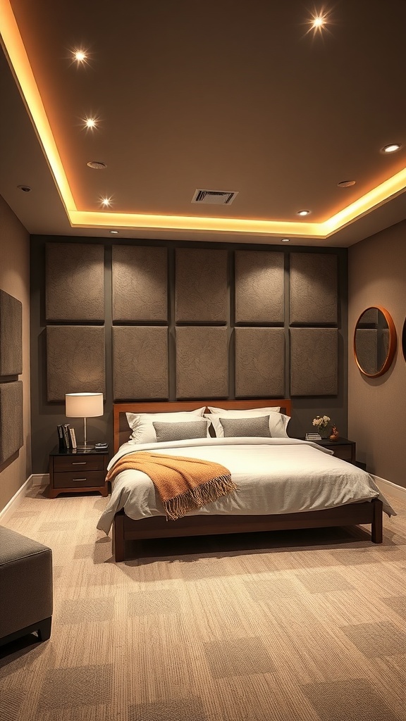 Cozy home theater room with padded acoustic wall panels and warm lighting.
