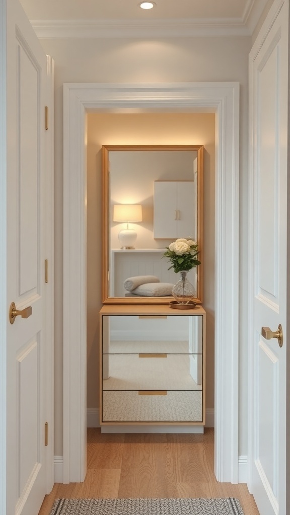 A well-organized small closet featuring a mirror and stylish storage unit.