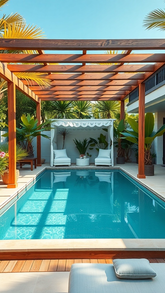 A stylish pergola providing shade over an above ground pool, surrounded by greenery.