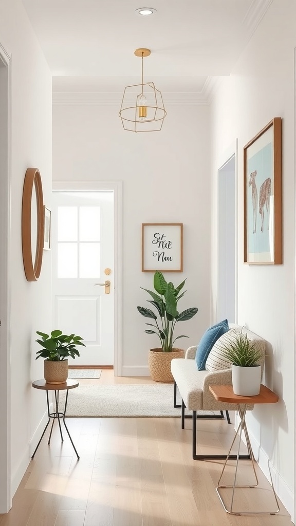 A beautifully decorated narrow entryway with plants, artwork, and a cozy bench.