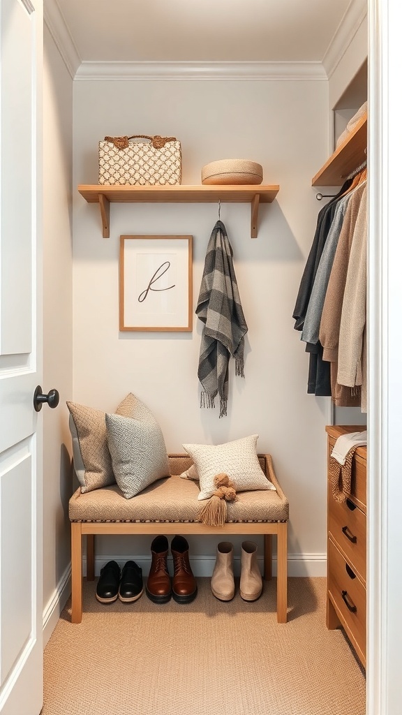 Cozy narrow walk-in closet featuring a small bench with cushions, stylish storage options, and organized clothes.