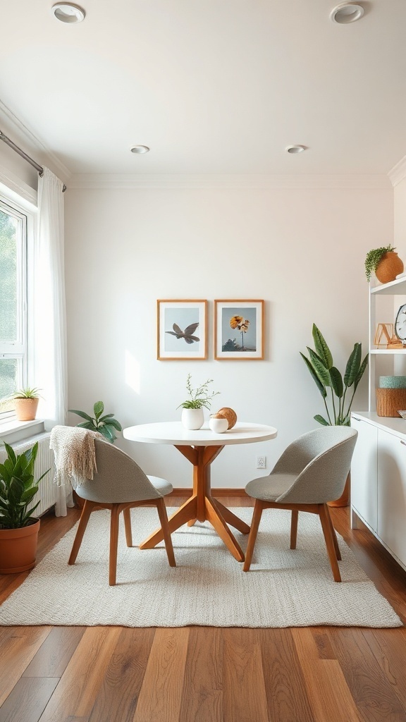 A cozy small conference area featuring a round table and two chairs, with plants and framed pictures, designed for comfort and collaboration.