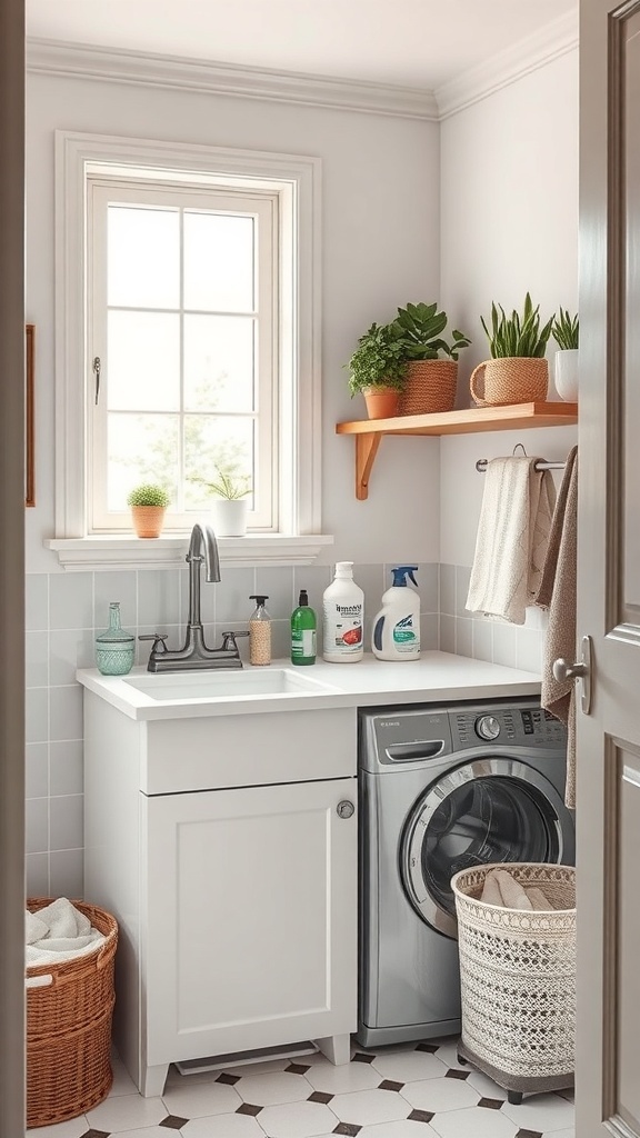 A small, stylish laundry room featuring a utility sink, modern washing machine, and organized cleaning supplies.