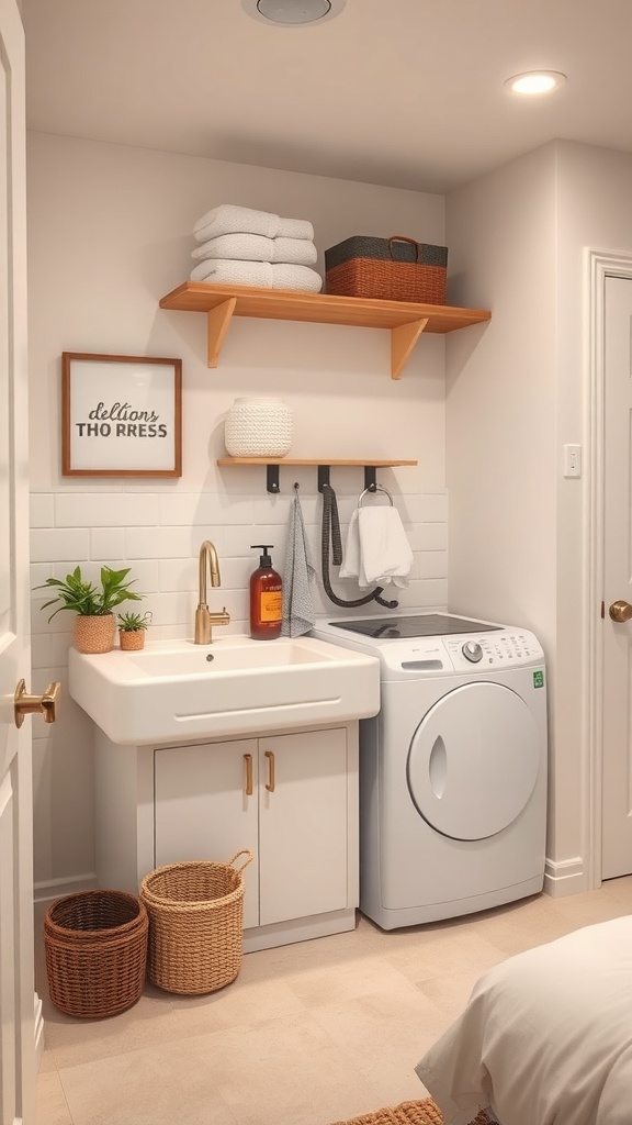 A modern basement laundry room featuring a utility sink, washing machine, and organized shelves.