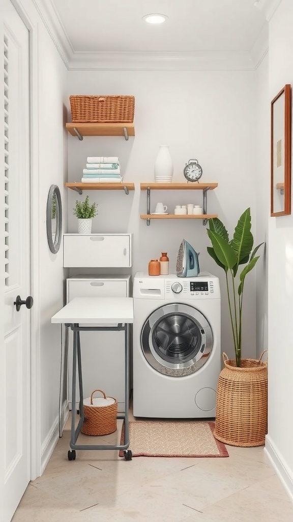A small laundry room featuring a wall-mounted ironing board, washing machine, shelves with storage, and a decorative plant.