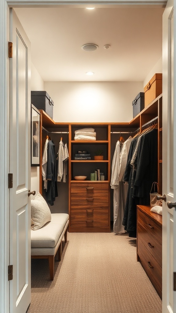 image of a stylish narrow walk-in closet with adjustable shelving