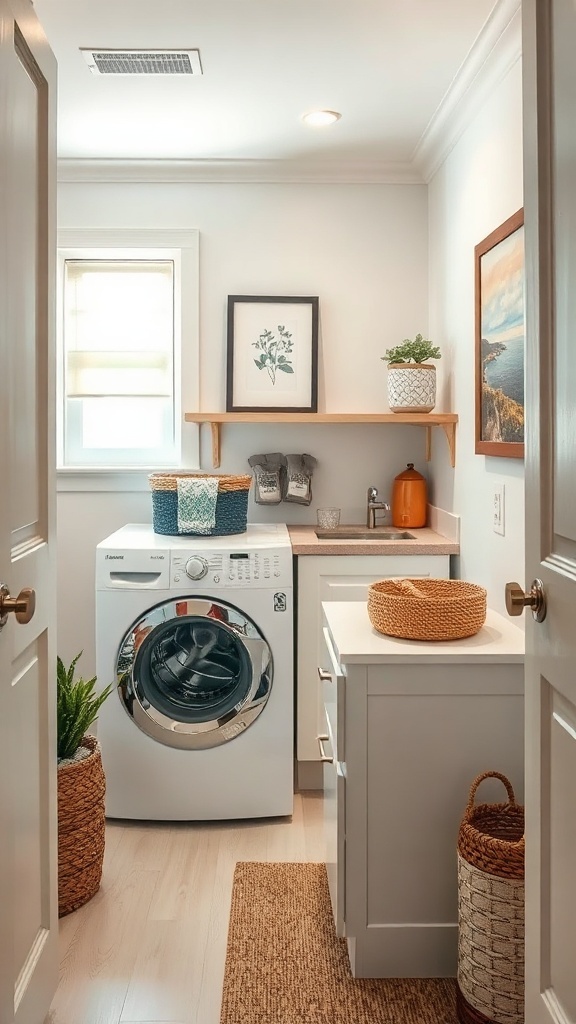 A stylish small laundry room featuring a washing machine, art on the wall, wooden shelves, and decorative baskets