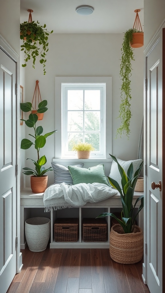 A small mudroom with a window, featuring hanging plants, potted greenery, and a cozy seating area.