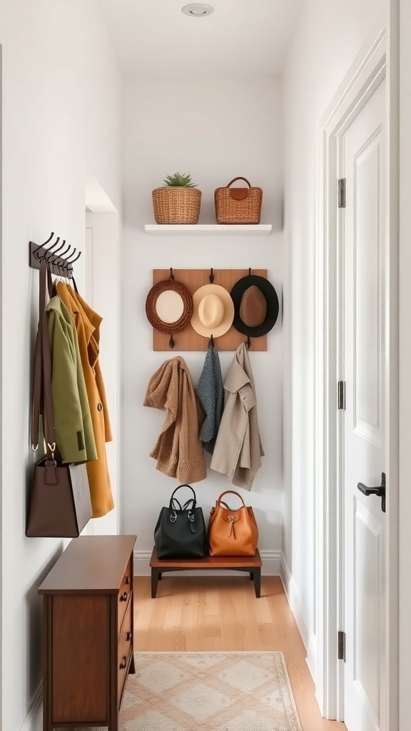 Narrow entryway featuring hooks, a shelf with baskets, and a cozy rug.