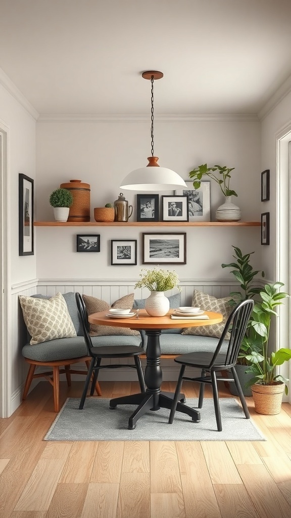 A cozy breakfast nook with a round table, chairs, and framed photos on the wall