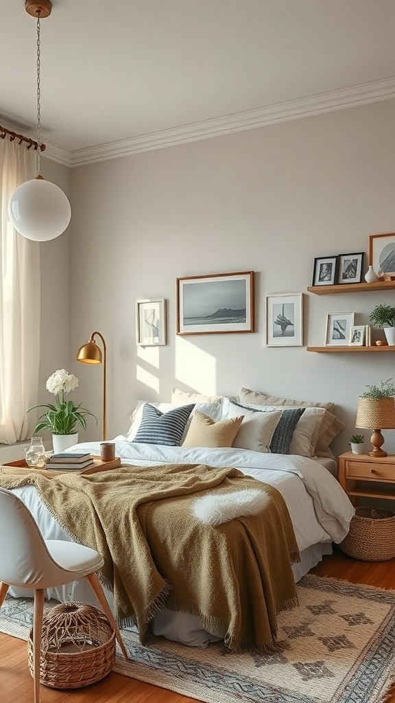 Cozy bedroom with soft bedding, decorative pillows, framed pictures, and plants.
