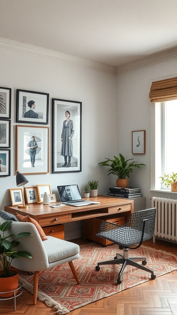 A small study room featuring a wooden desk, a comfortable chair, and a gallery wall of framed art.