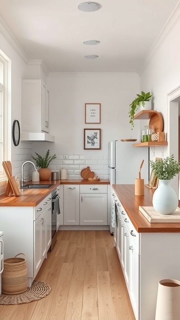 A narrow kitchen with white cabinets and wooden countertops, featuring plants and framed artwork.