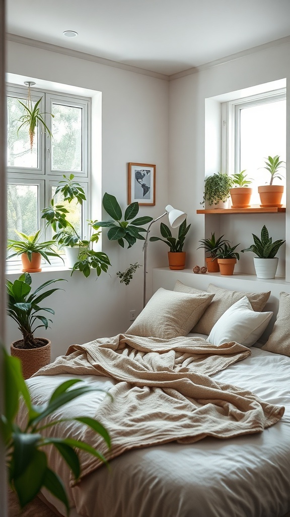 A cozy small guest bedroom filled with various indoor plants, featuring a bed with neutral bedding and large windows.