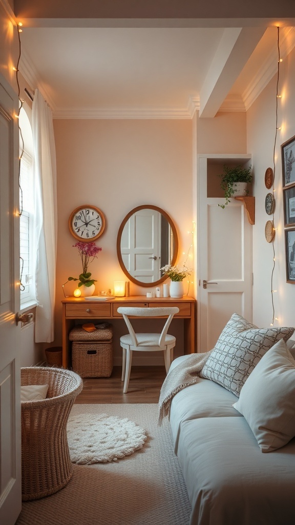 Small dressing room with soft lighting, mirror, and cozy decor