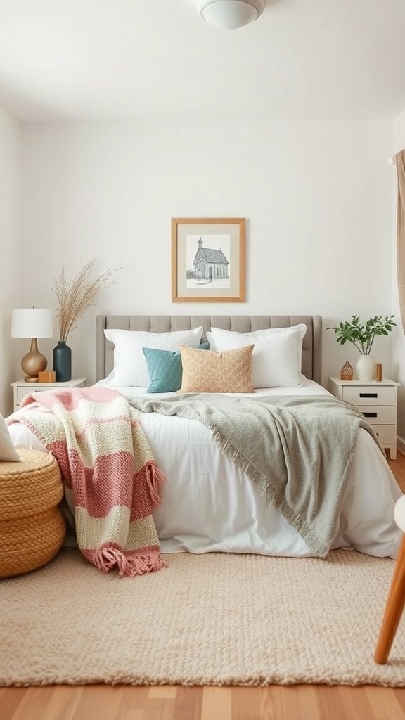 Cozy small guest bedroom with layered blankets, decorative pillows, and a plush rug.