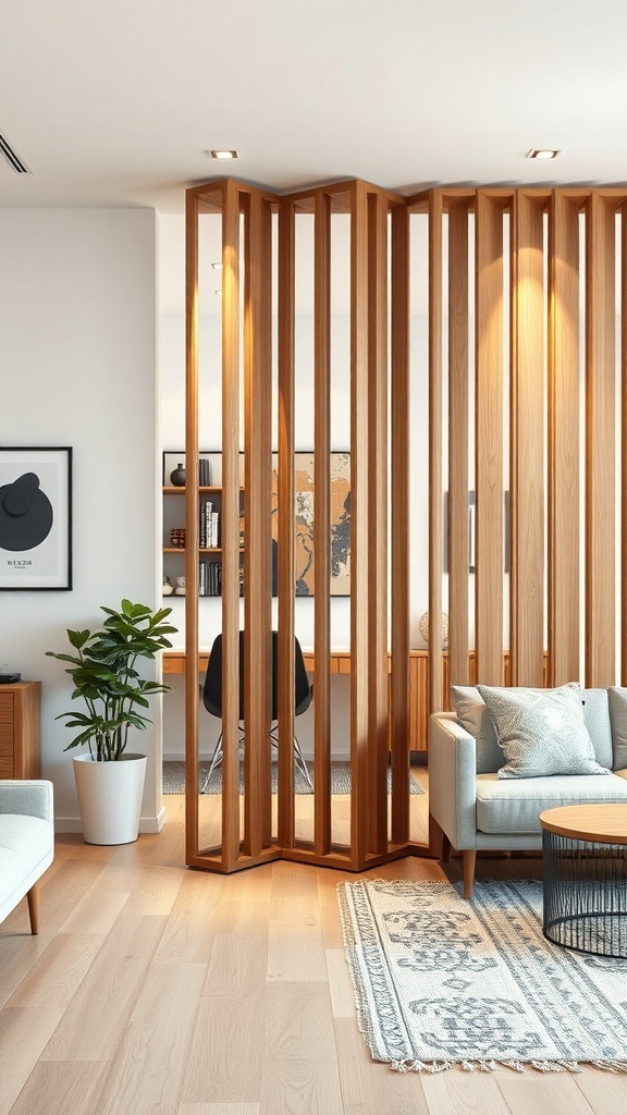An interior space featuring a stylish wooden partition that separates a living area and office.