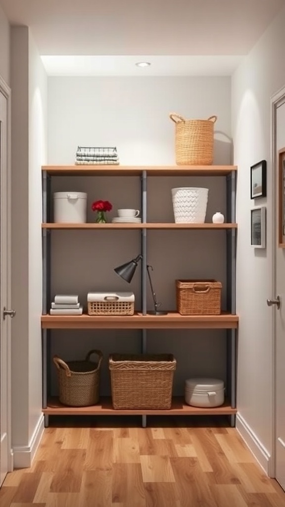 A well-organized shelf partition displaying various baskets and items, ideal for seasonal storage.