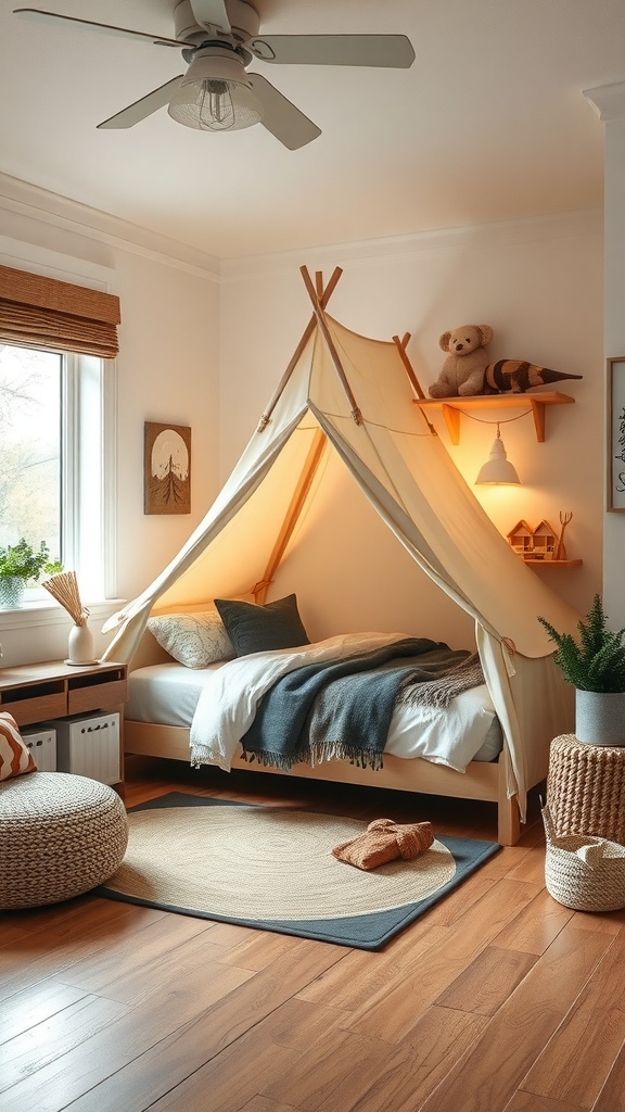 Cozy camping nook in a children's room with a tent bed, plush pillows, and nature-themed decor.