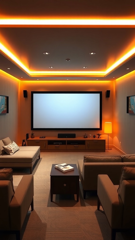 Cozy home theater with warm orange ambient lighting and comfortable seating.