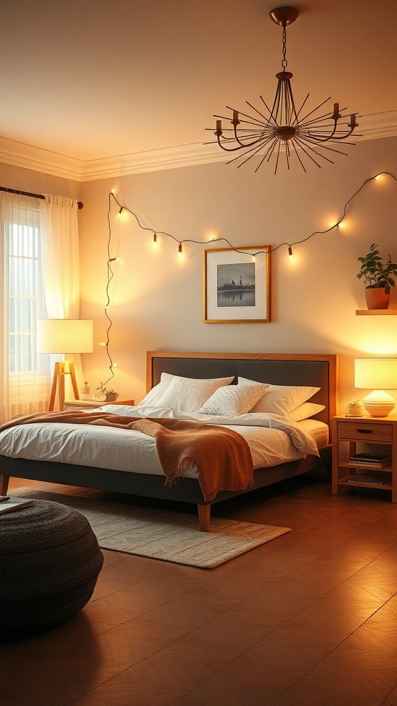A warm and inviting bedroom with ambient lighting, featuring a chandelier, string lights, and bedside lamps.