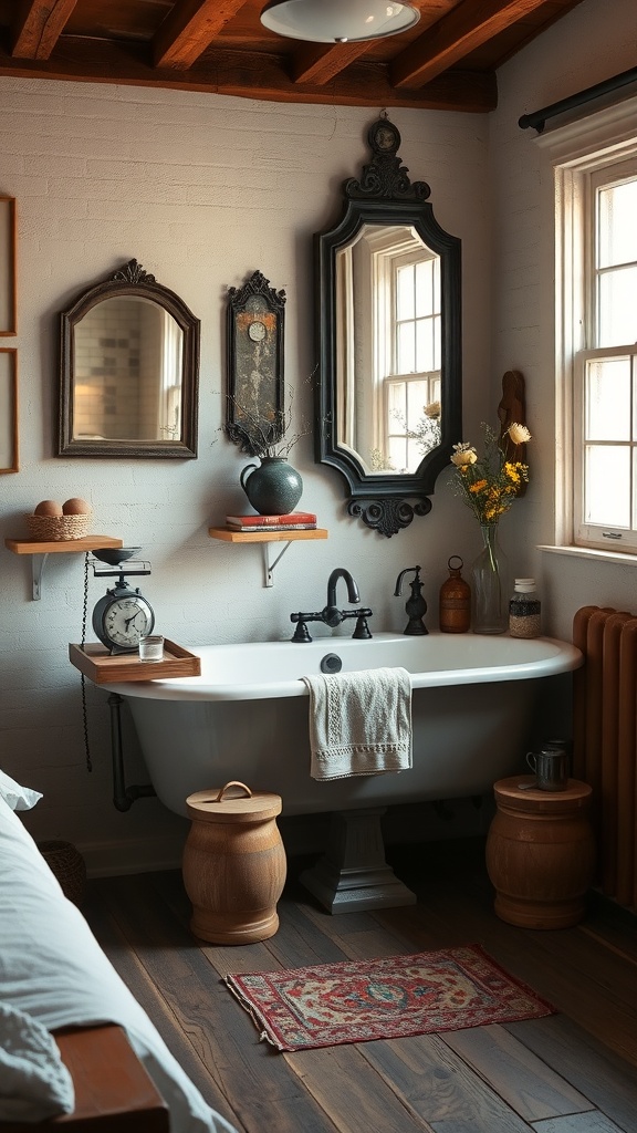 Rustic bathroom with antique decor accents, featuring a freestanding tub, vintage mirrors, and wooden elements.