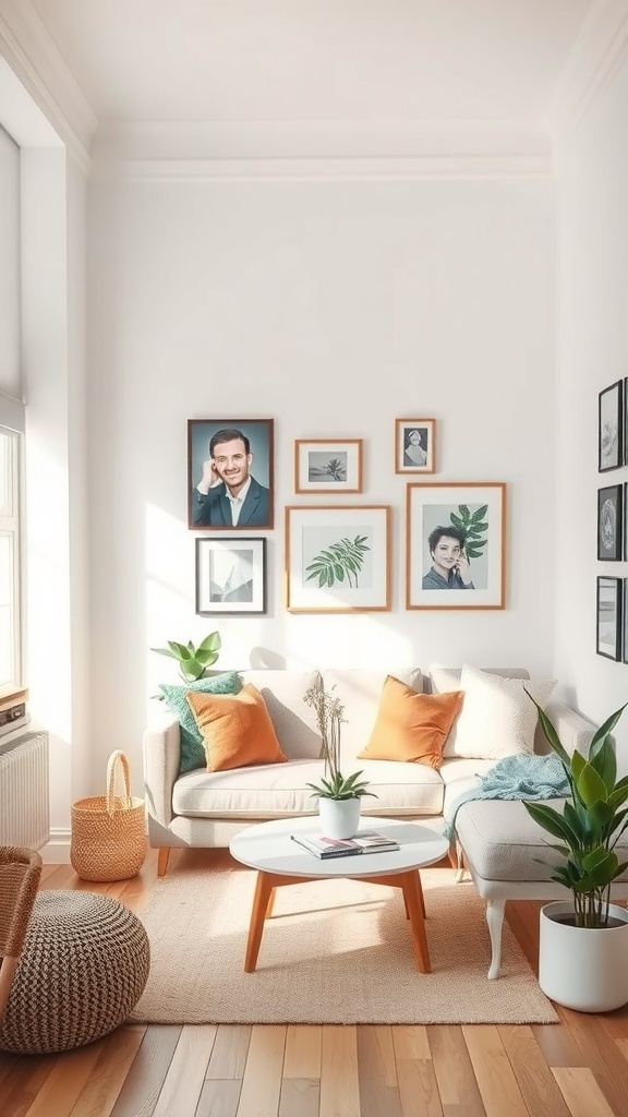 Cozy living area with a gallery wall featuring framed art, a light sofa, and plants.