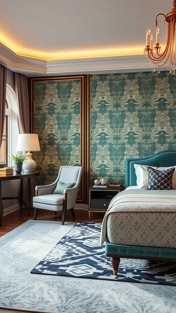 A beautifully decorated room showcasing Art Deco style with elegant wallpaper, a chandelier, and stylish furniture.
