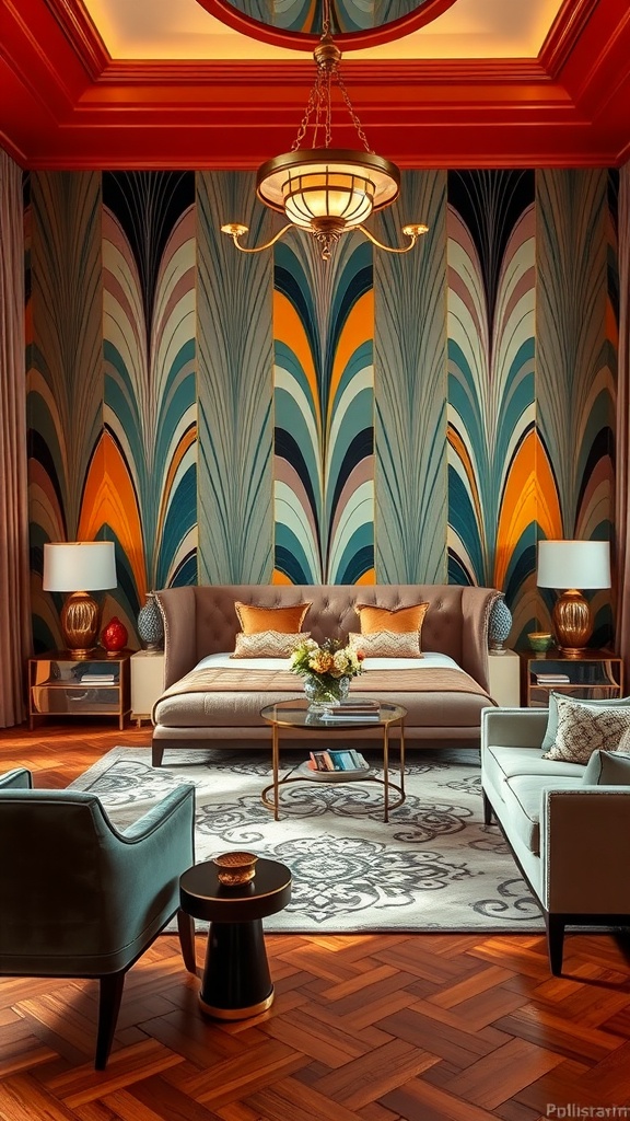 A living room featuring Art Deco wallpaper with vibrant patterns, a plush bed, and elegant furniture.