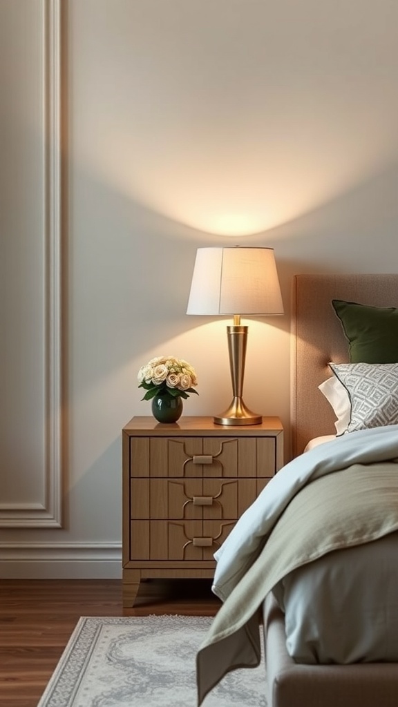 Art Deco inspired nightstand with a lamp and flowers